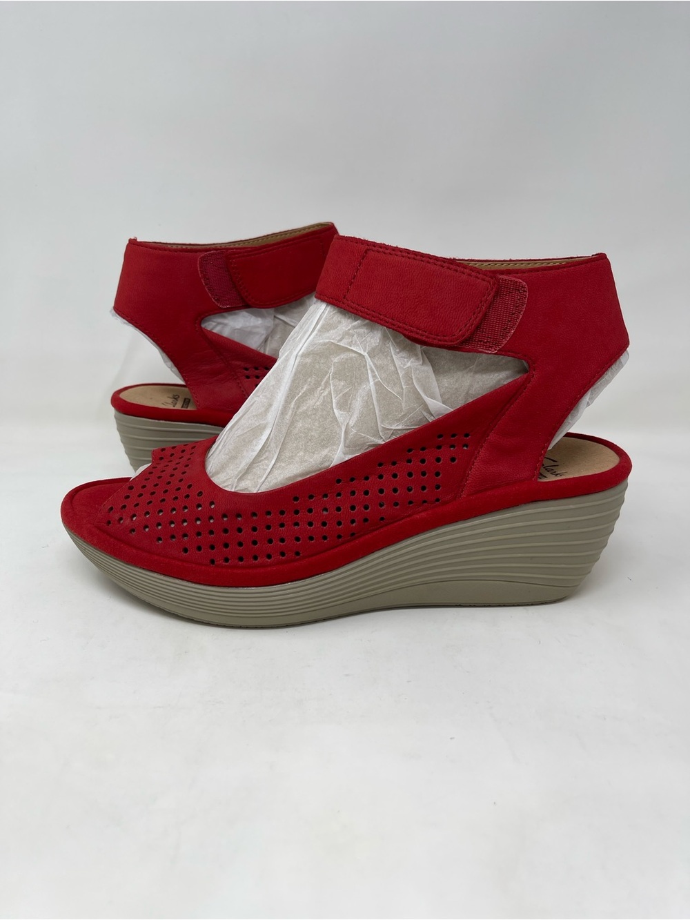 Clarks Red Perforated Ankle-Strap Wedge Sandals - Picture 5 of 8